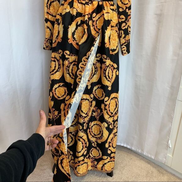 YELLOW black chain print Versace inspired maxi dress Sz M - Picture 10 of 15